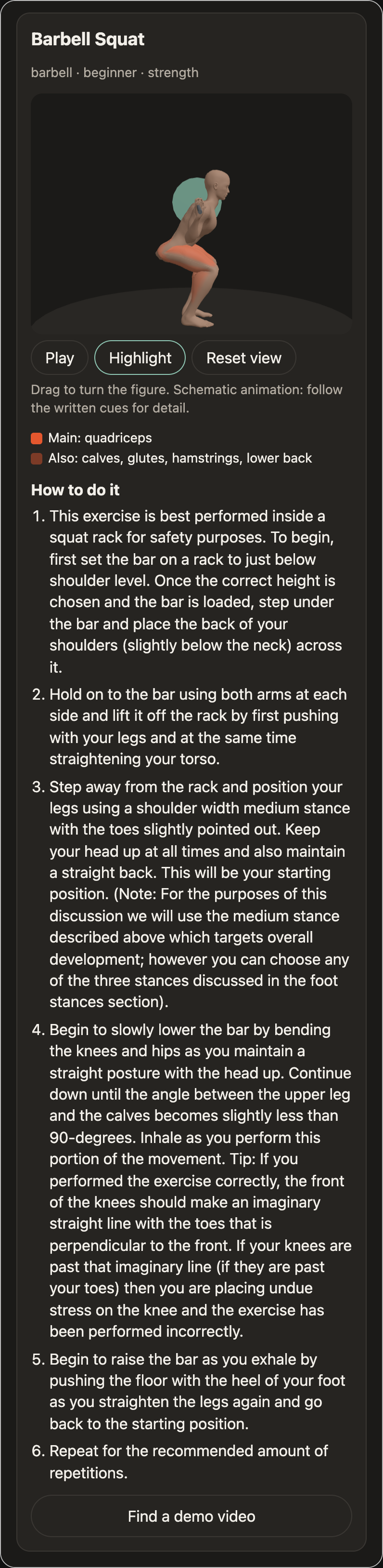 The barbell squat guide in the dark theme: a 3D body at the bottom of a back squat with the thighs and glutes tinted