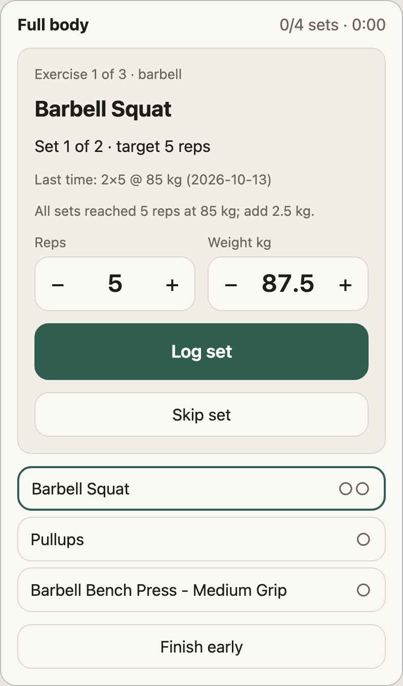 The workout player showing Barbell Squat, set 1 of 2: last time 2 by 5 at 85 kg, so today 87.5 kg, with a Log set button