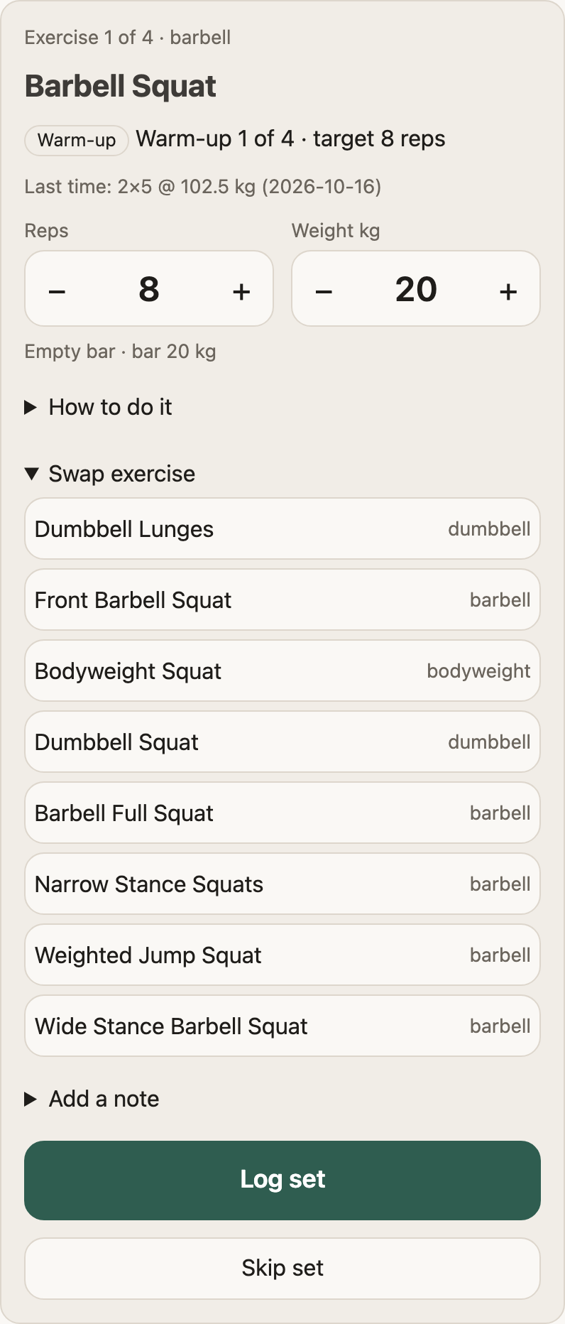 Swap exercise opened under the barbell squat, listing dumbbell lunges, front squat, bodyweight squat, dumbbell squat and more, each with its equipment