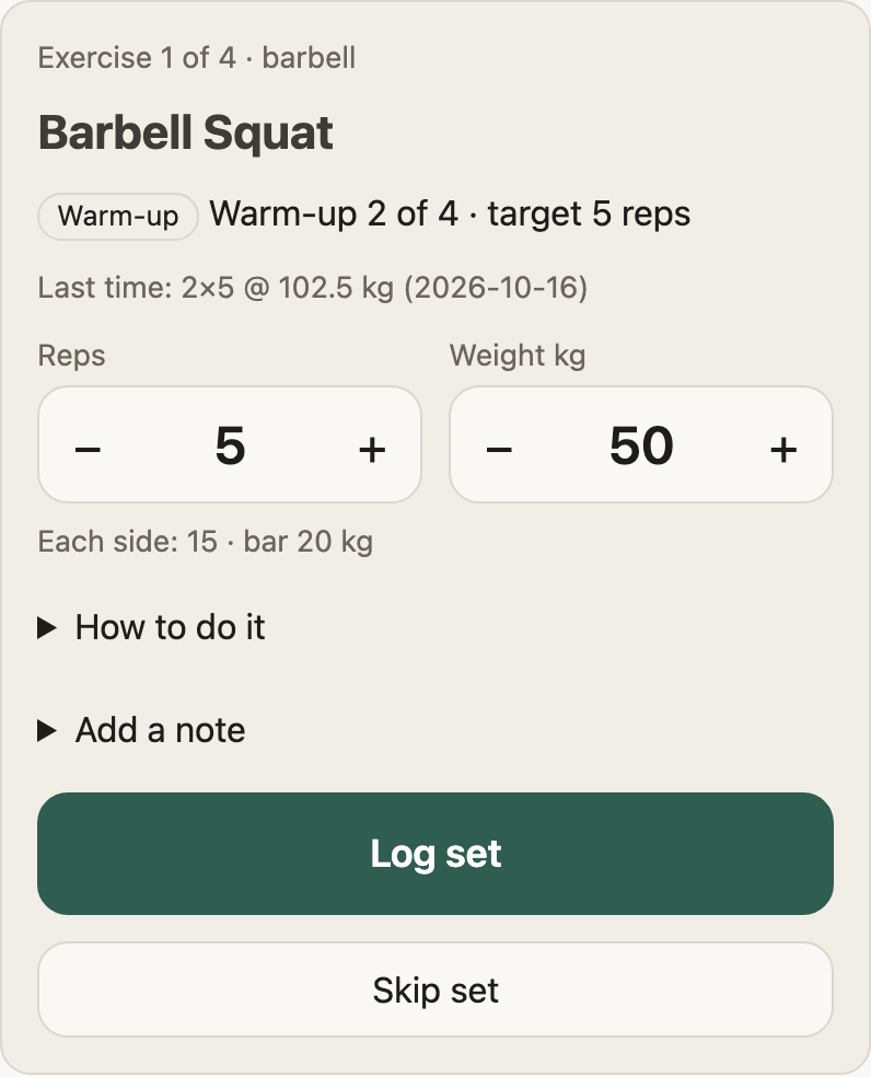 A warm-up set of barbell squats: warm-up 2 of 4, 5 reps at 50 kg, 15 kg each side on a 20 kg bar
